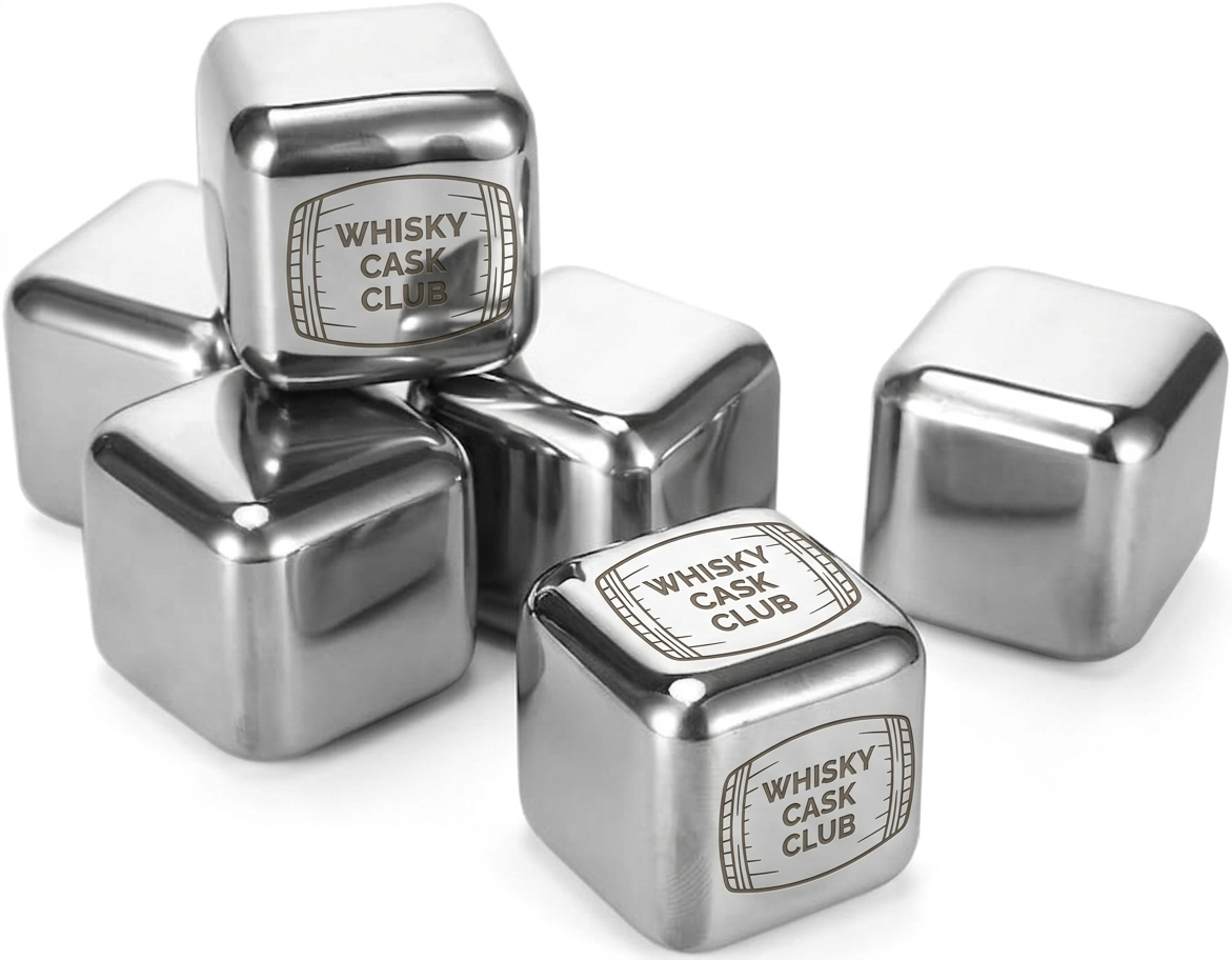 Whisky Cask Club Premium Stainless Steel Chilling Stones – Laser-Engraved Whisky Cube Set (6-Piece)