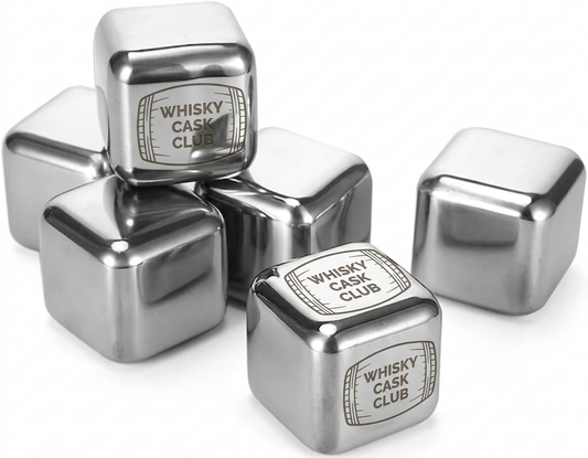 Whisky Cask Club Premium Stainless Steel Chilling Stones – Laser-Engraved Whisky Cube Set (6-Piece)